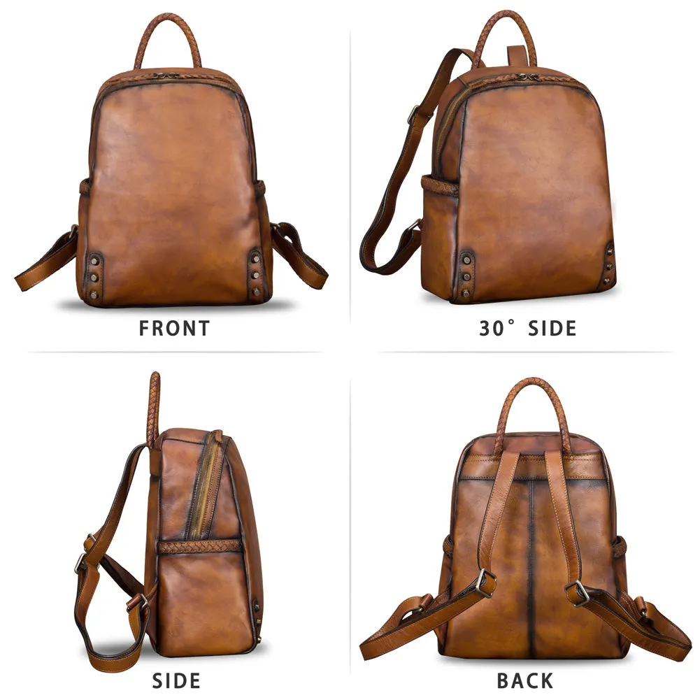 Vintage Ladies Leather Zip Backpack Purse Medium Leather Rucksack For Women