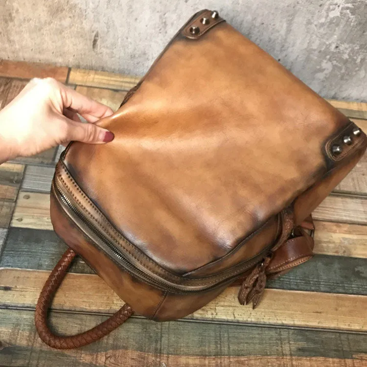 Vintage Ladies Leather Zip Backpack Purse Medium Leather Rucksack For Women