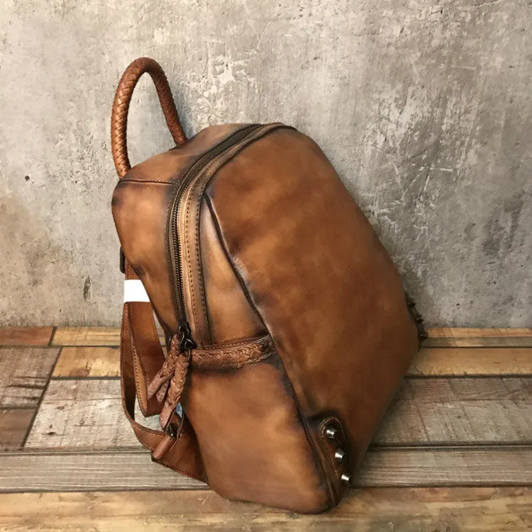 Vintage Ladies Leather Zip Backpack Purse Medium Leather Rucksack For Women
