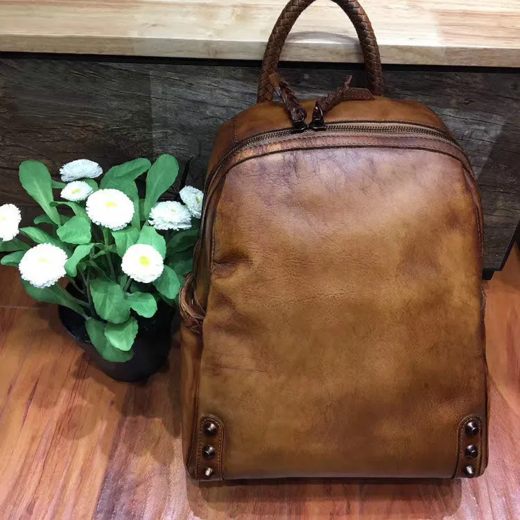 Vintage Ladies Leather Zip Backpack Purse Medium Leather Rucksack For Women