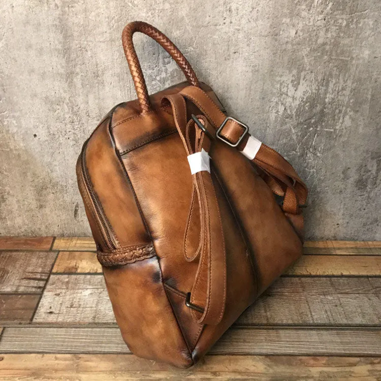 Vintage Ladies Leather Zip Backpack Purse Medium Leather Rucksack For Women