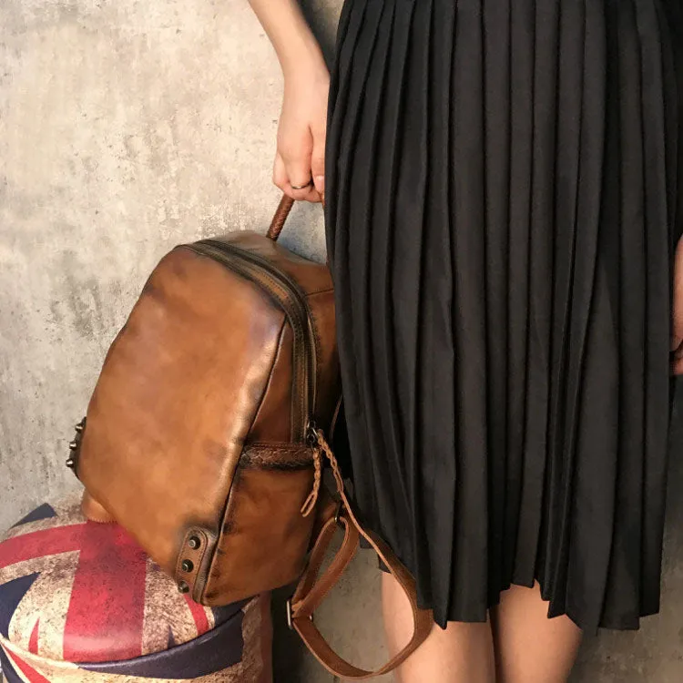 Vintage Ladies Leather Zip Backpack Purse Medium Leather Rucksack For Women
