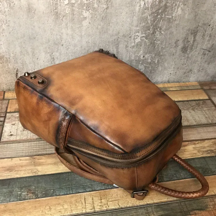 Vintage Ladies Leather Zip Backpack Purse Medium Leather Rucksack For Women