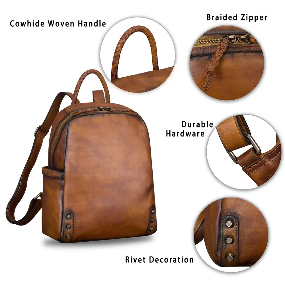 Vintage Ladies Leather Zip Backpack Purse Medium Leather Rucksack For Women