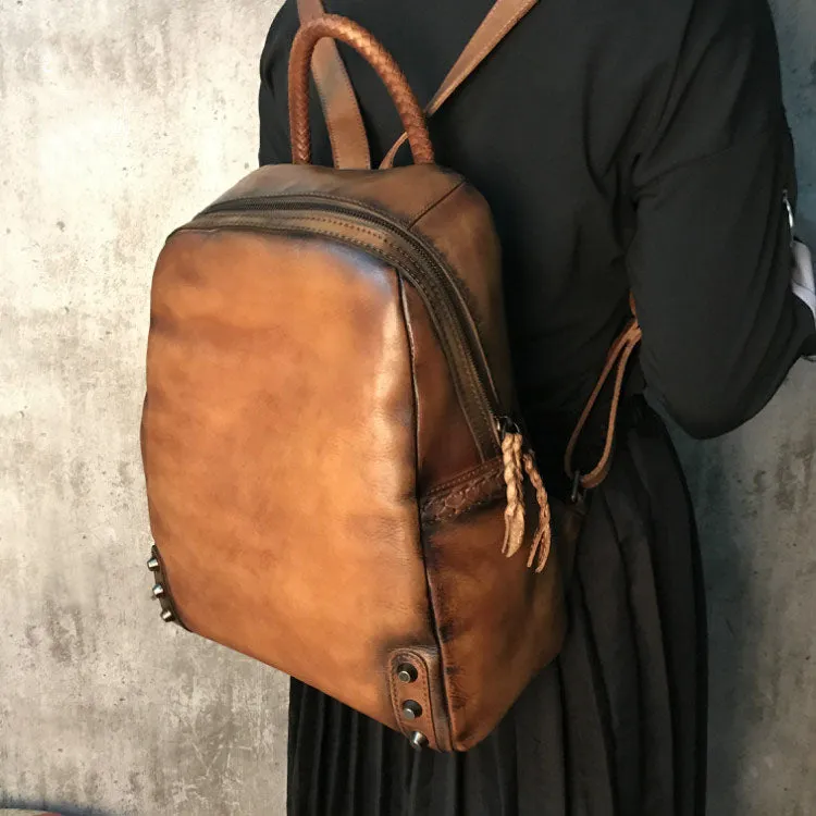 Vintage Ladies Leather Zip Backpack Purse Medium Leather Rucksack For Women