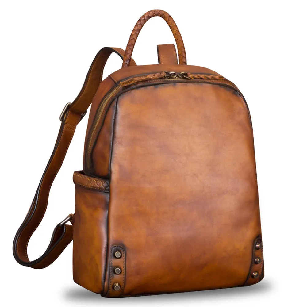 Vintage Ladies Leather Zip Backpack Purse Medium Leather Rucksack For Women