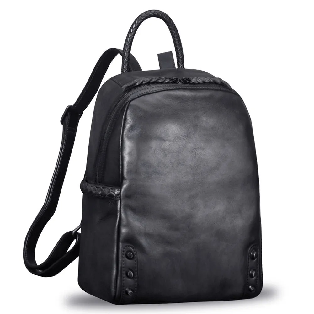 Vintage Ladies Leather Zip Backpack Purse Medium Leather Rucksack For Women