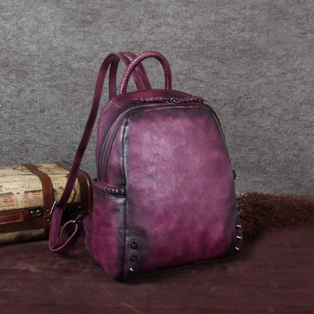 Vintage Ladies Leather Zip Backpack Purse Medium Leather Rucksack For Women