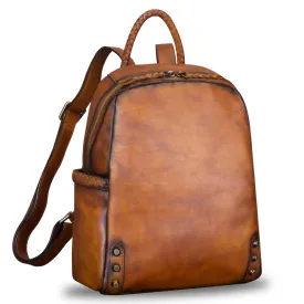Vintage Ladies Leather Zip Backpack Purse Medium Leather Rucksack For Women
