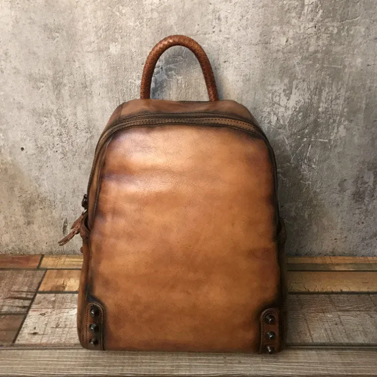 Vintage Ladies Leather Zip Backpack Purse Medium Leather Rucksack For Women
